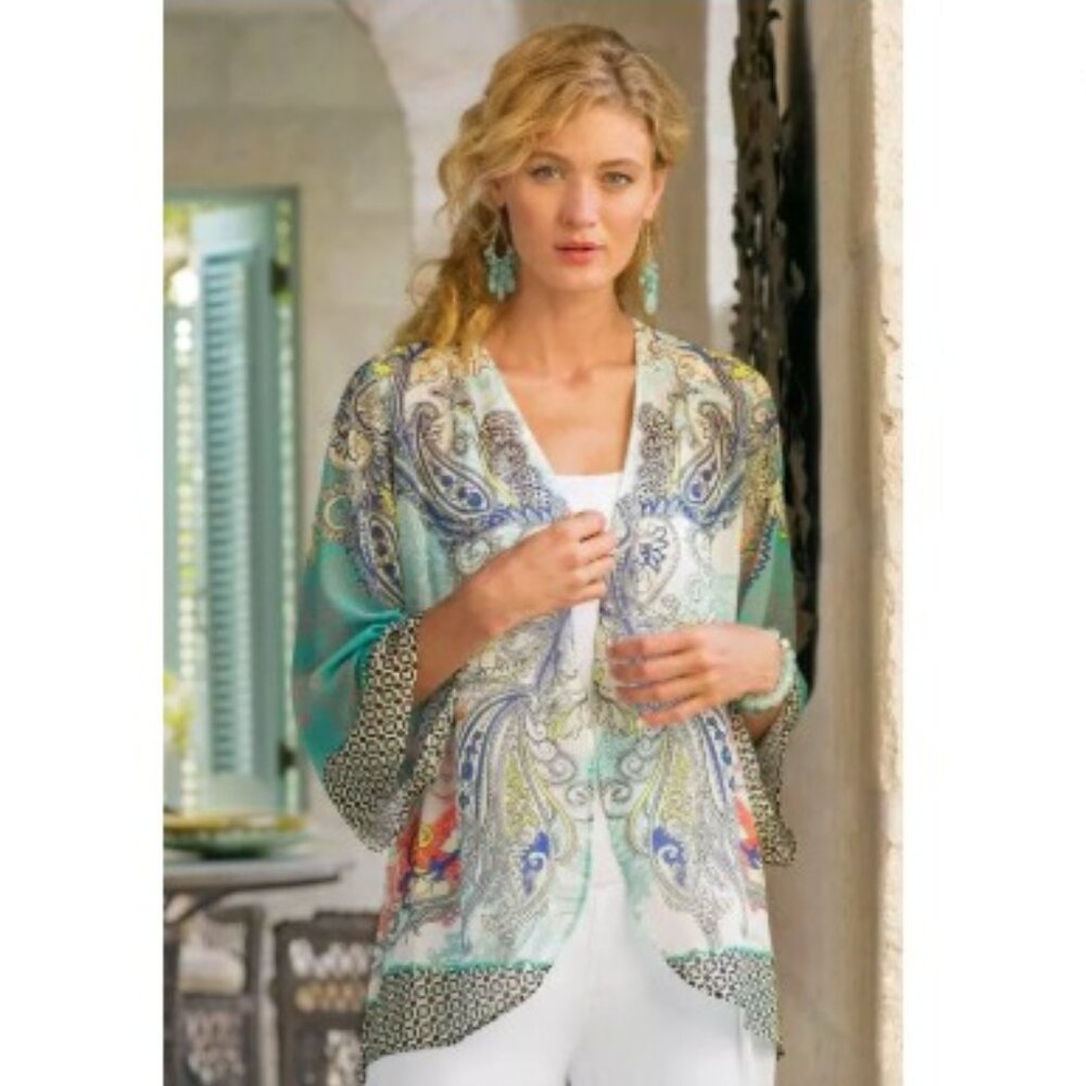 Soft Surroundings Muse Kimono Women's Large Cardigan Paisley Sequin Silky‎ feel